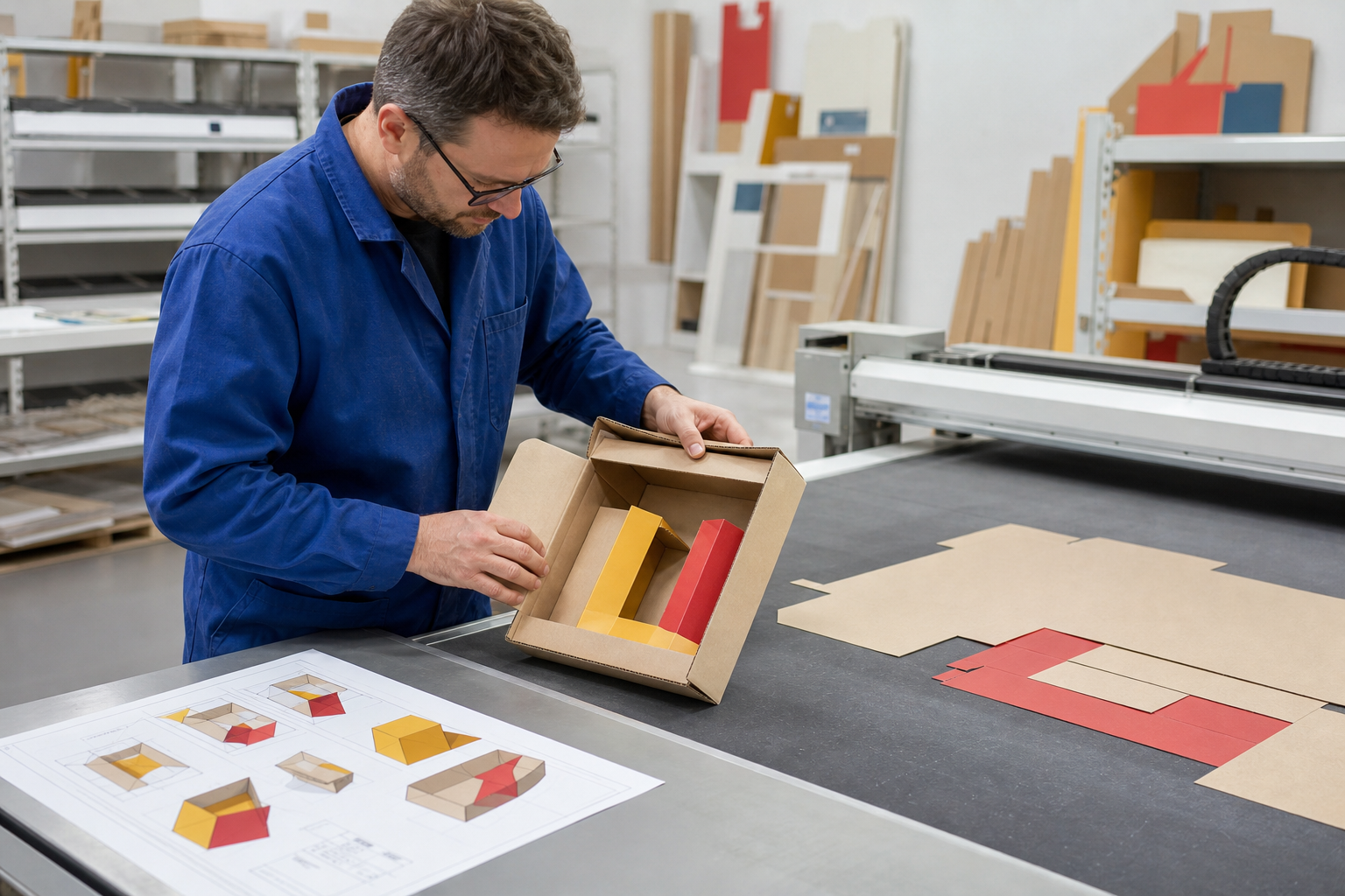 Fictional packaging engineer reviewing a corrugated prototype beside a digital cutting table