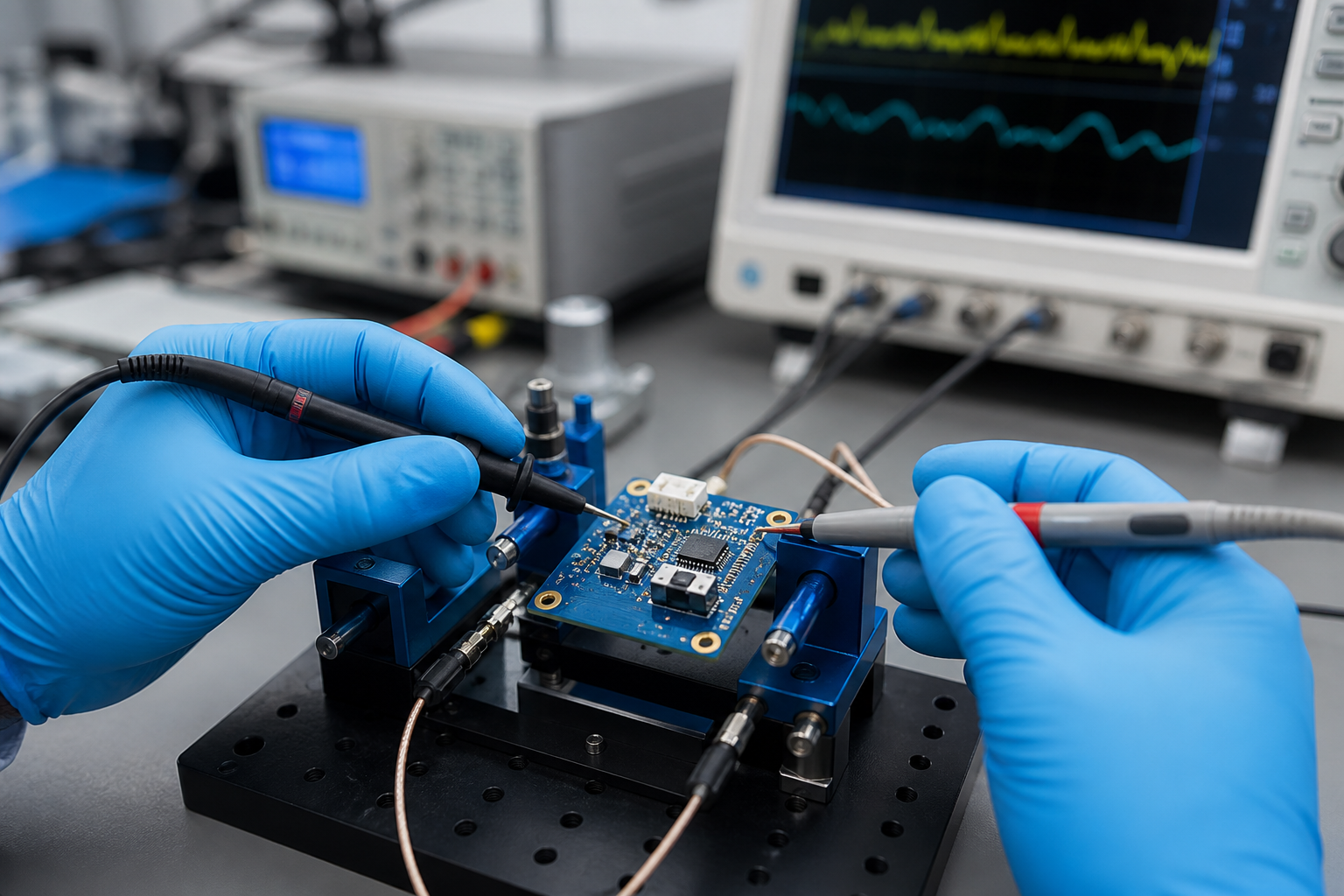 Electronics validation engineer testing a fictional sensor PCB at a laboratory bench