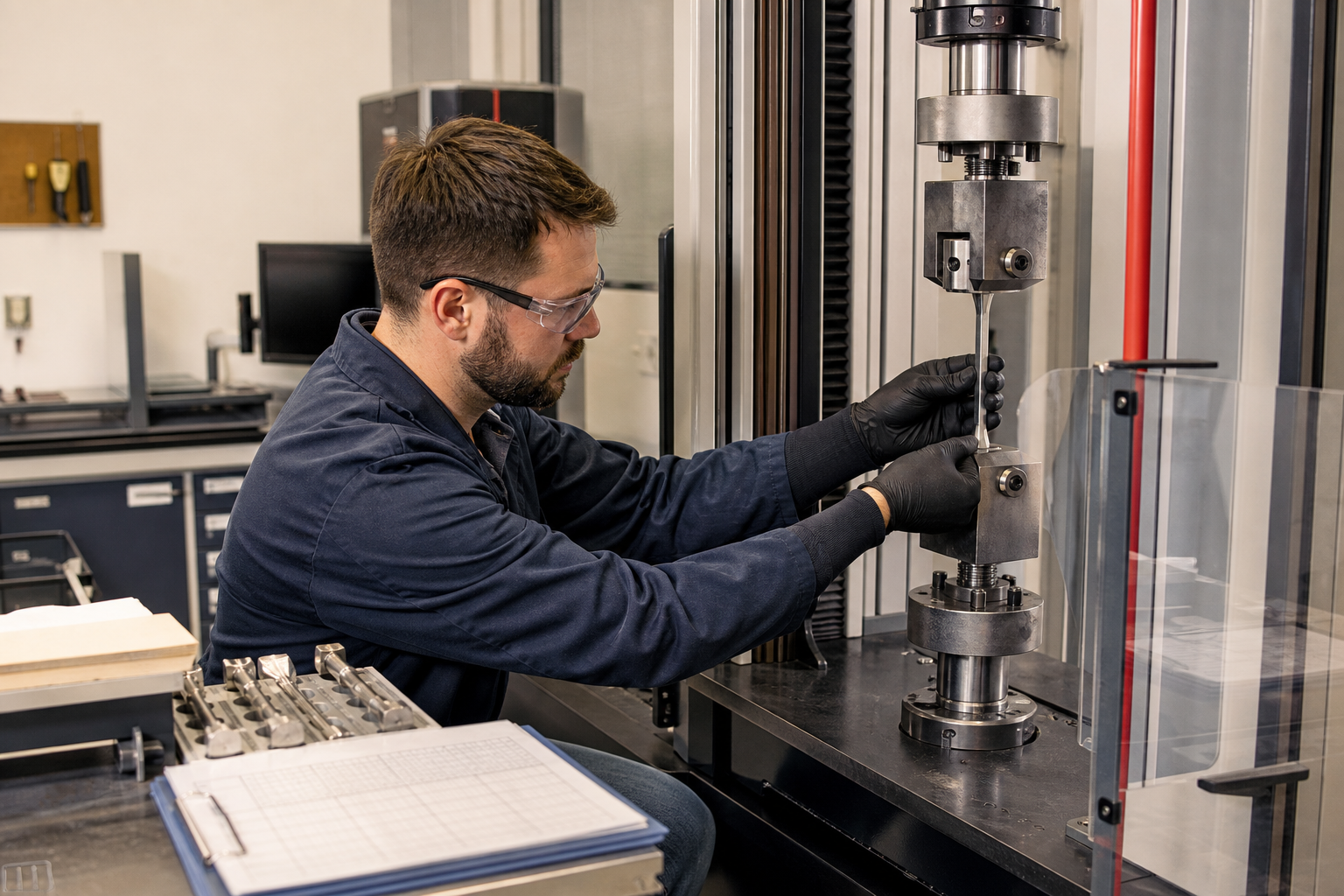 Fictional materials engineer preparing a tensile-test specimen in a laboratory