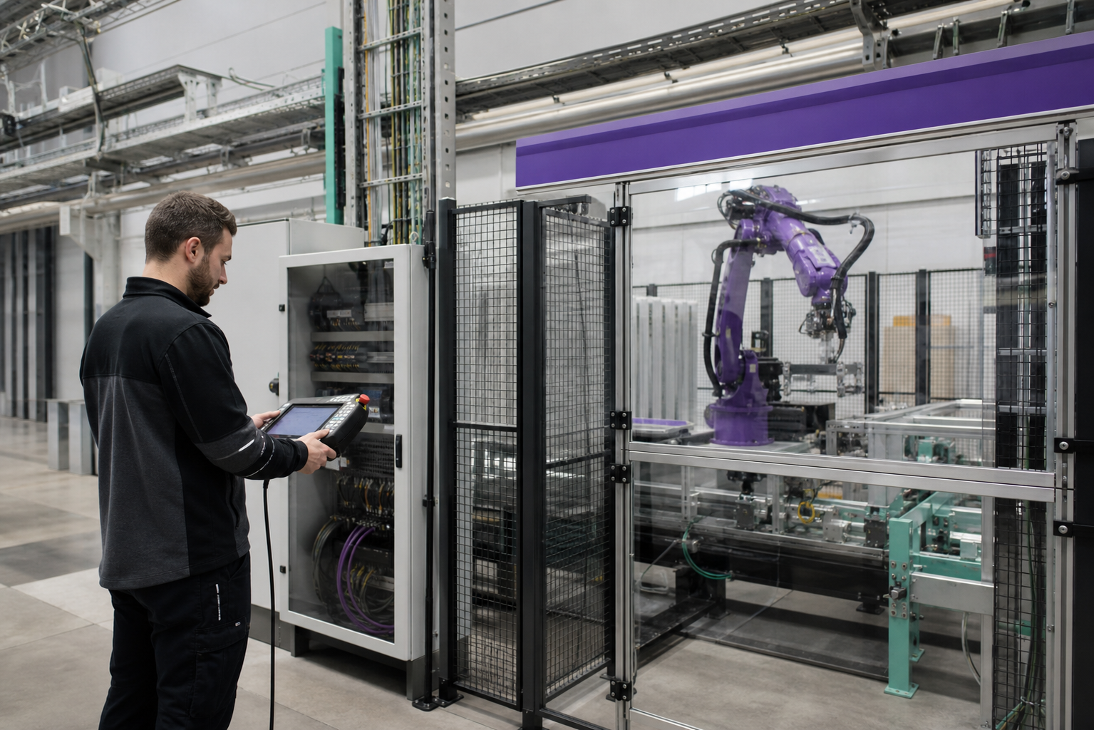 Fictional automation engineer commissioning a guarded robotic cell