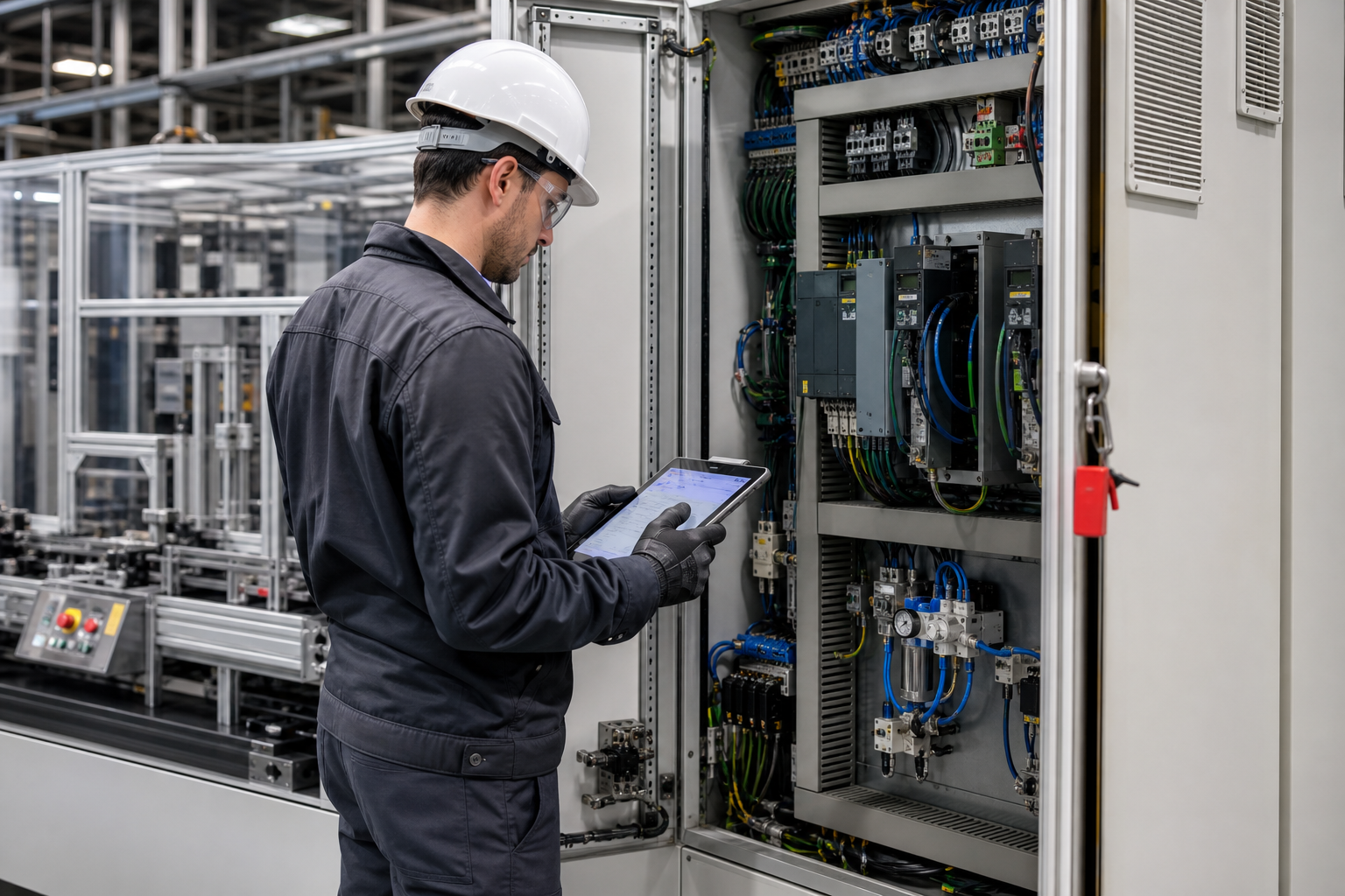 Fictional field service technician performing preventive maintenance on industrial equipment