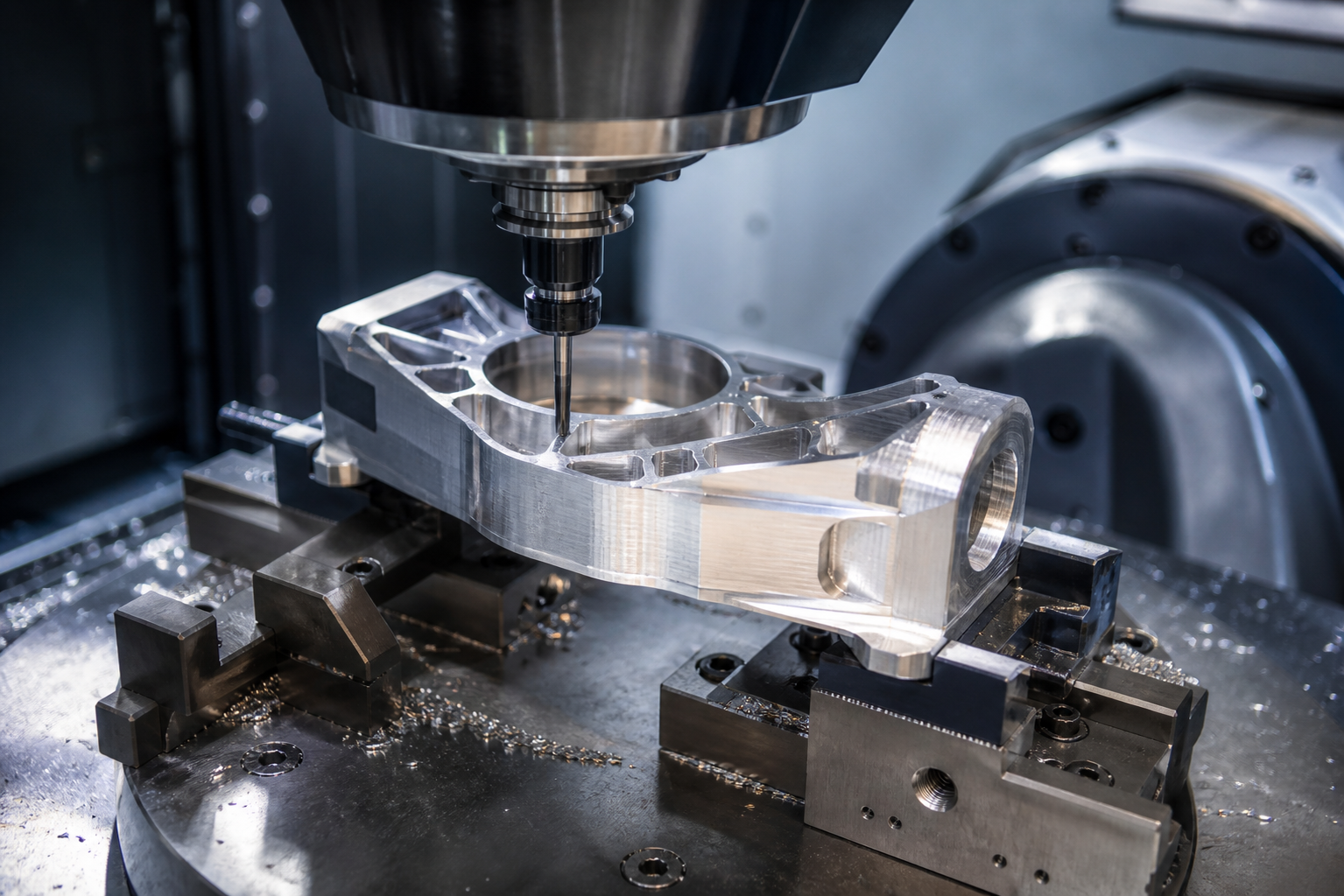 Close view of a fictional five-axis milling setup cutting an aluminum component