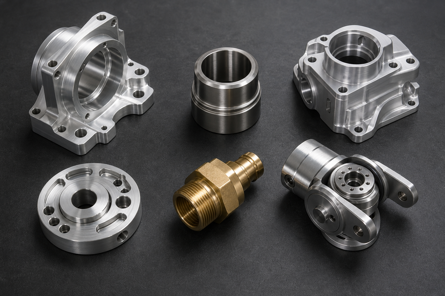 Collection of fictional machined aluminum, stainless steel and brass components