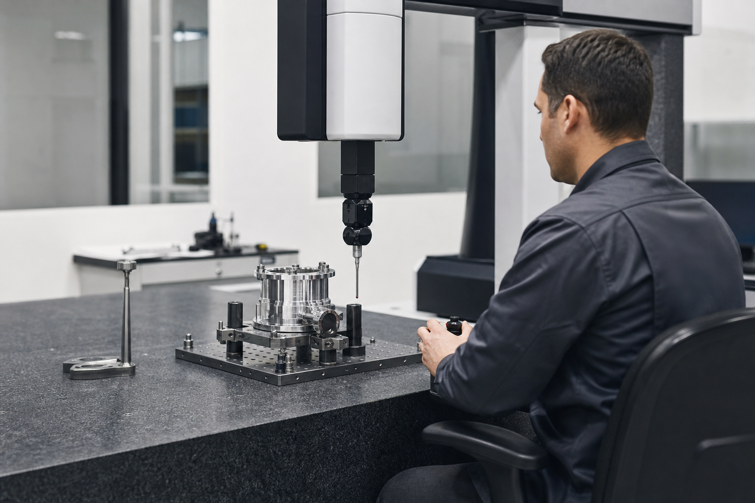 Quality engineer inspecting a fictional precision component on a coordinate measuring machine